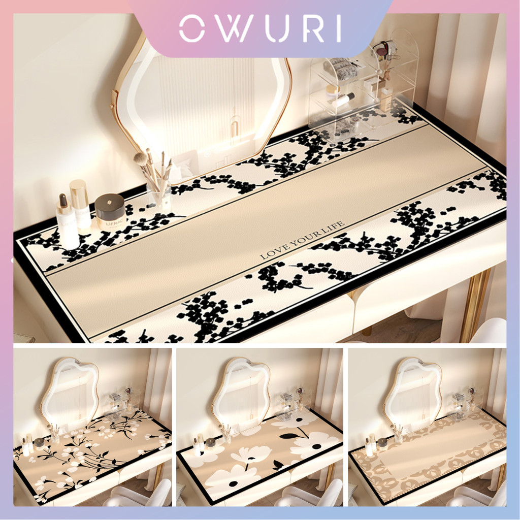 Owuri Taplak Meja Rias Motif Bunga Hitam Putih Elegan Anti Air Custom Ukuran