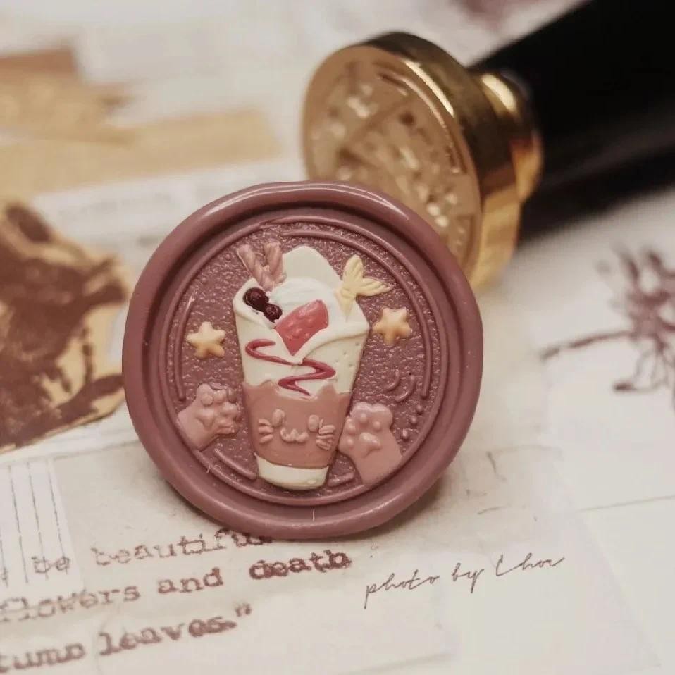 

2024 Lacquer Seal Copper Seal Head Panda Cake Special-Shaped Relief Cat Milk Tea Cup Fine Carved Envelope Stamps Kids Diy Craft