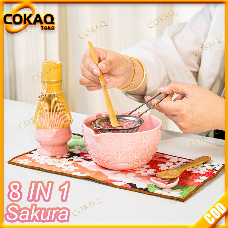 COKAQ 8 In 1 Matcha Tea Set Jepang Komplit Premium Gift Starter Matcha Set Sakura Pattern Set Matcha