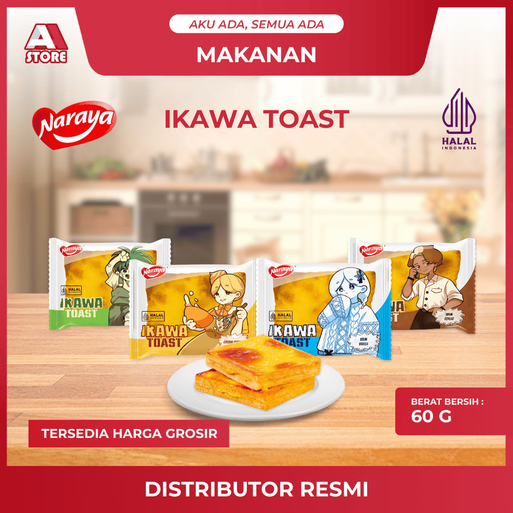 

NARAYA Ikawa Toast 60gr Roti Panggang Aneka Rasa Coklat / Cream Cheese / Srikaya Pandan / Vanila