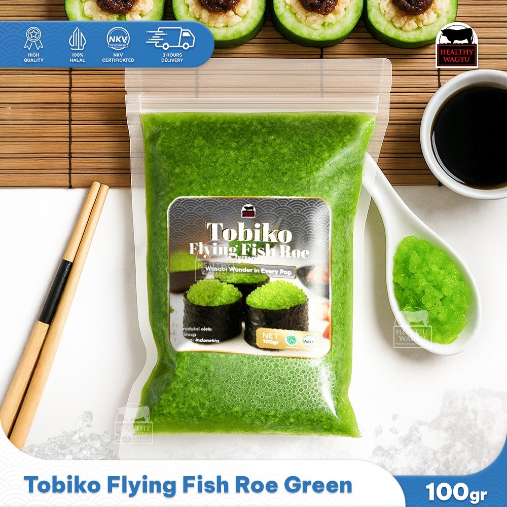 

Tobiko Green Wasabi Flying Fish Roe Telur Ikan Terbang Premium 100gr Healthy Wagyu