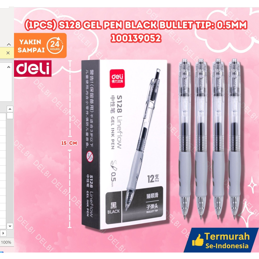 

Deli | Gel Pen 0.5 mm | S128 (1pcs) S128 Gel Pen BLACK Bullet tip 0.5mm