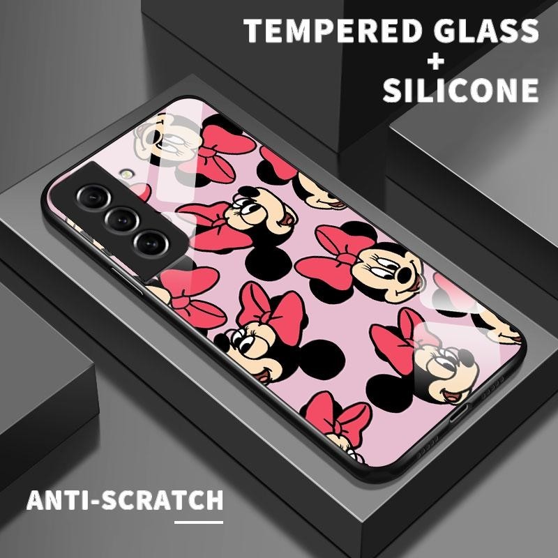 Kaca Glass Case For Samsung S21 FE 5G S21 5G S21 Plus S21 Ultra Slikon Back Cartoon Mickey Casing Po
