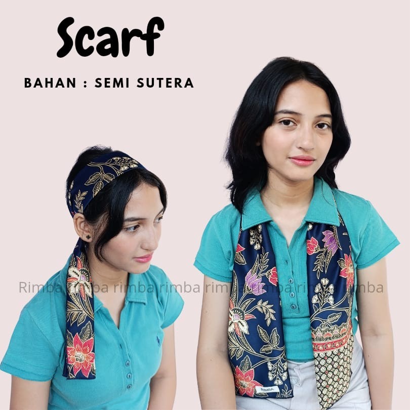 Syal Scraf Batik Dasi Leher Wanita dan Pria Motif Bunga Navy Bahan Semi Sutera Premium