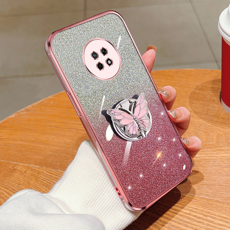 For Huawei Y9a case Rhinestone butterfly Holder Bracket +Glitter Clear Soft TPU Patterned Back cover
