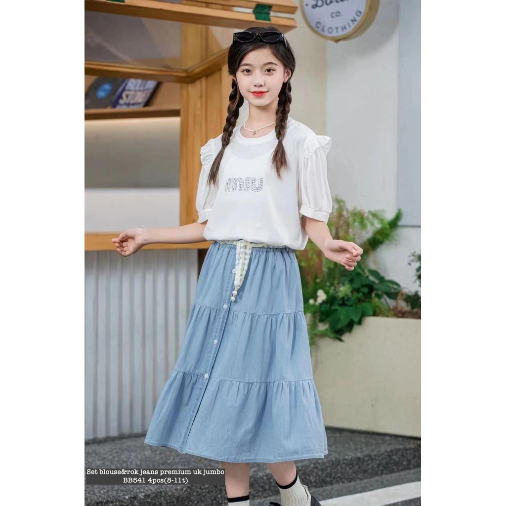 BB541 Set Blouse & Rok Jeans Premium Uk Tanggung