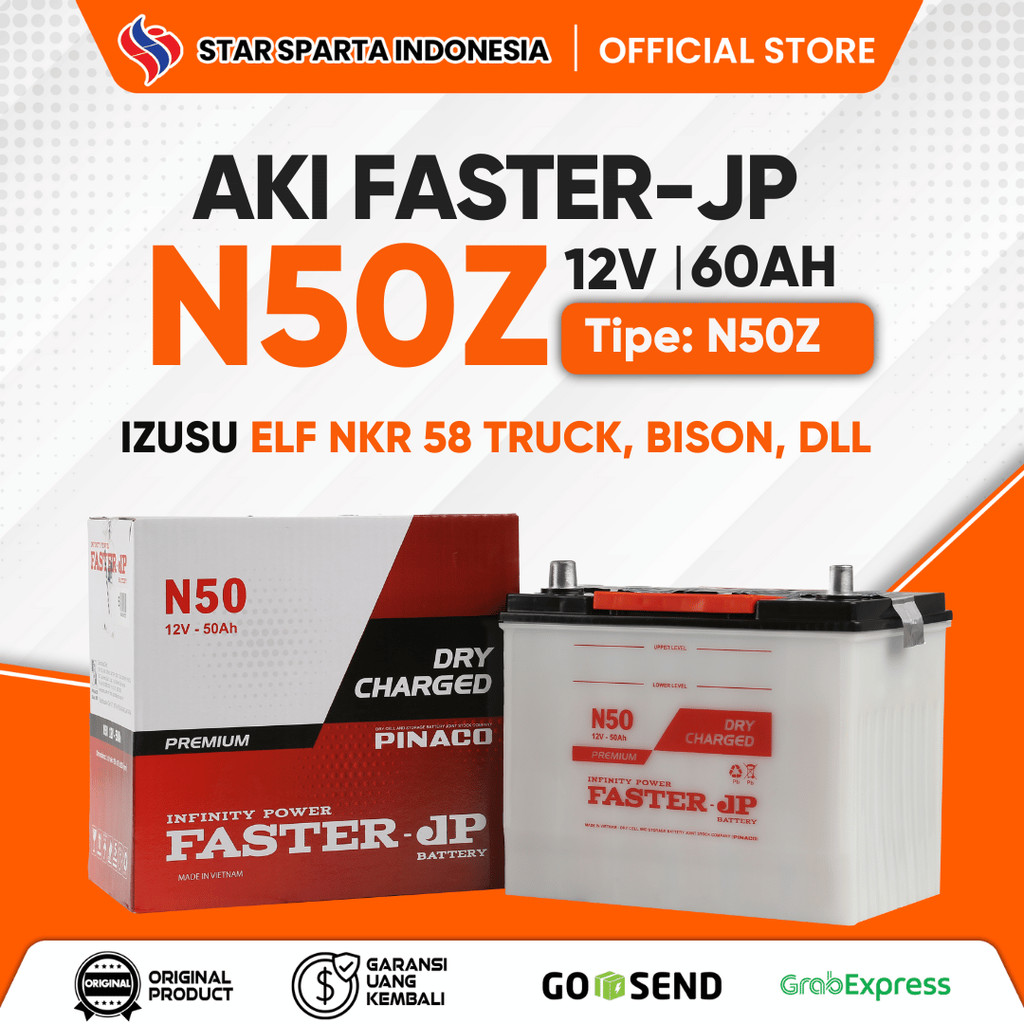 Faster JP - Aki N50Z 12V 60Ah untuk Izusu ELF NKR 58 Truck, BISON