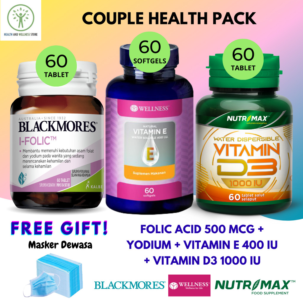 PAKET BLACKMORES I FOLIC 60 TABLET WELLNESS VITAMIN E 400 IU 60 SOFTGELS NUTRIMAX D3 1000 IU 60 TABL