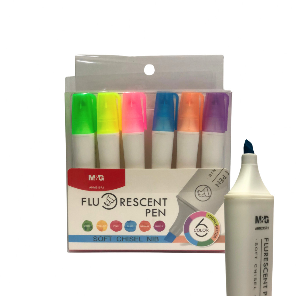 

Set 6 Highlighter M&G Flourescent Pen Penanda Tulisan #AHM215R1 Soft Chisel NIB - Set 6 SHESB