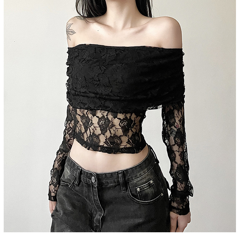 Modis Fashion ins Black Lace Shoulder S-Shirt Lengan Panjang Wanita Mikro Transparan Seksi Slim Skin