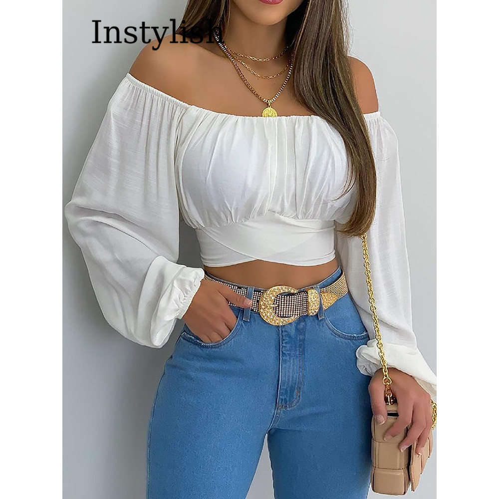 

Women y Off Shoulder Printing Blouses Chic and Elegant Lantern Long Sleeve Lace Up Bow Cropped Tops Casual Slim Shirts 2023