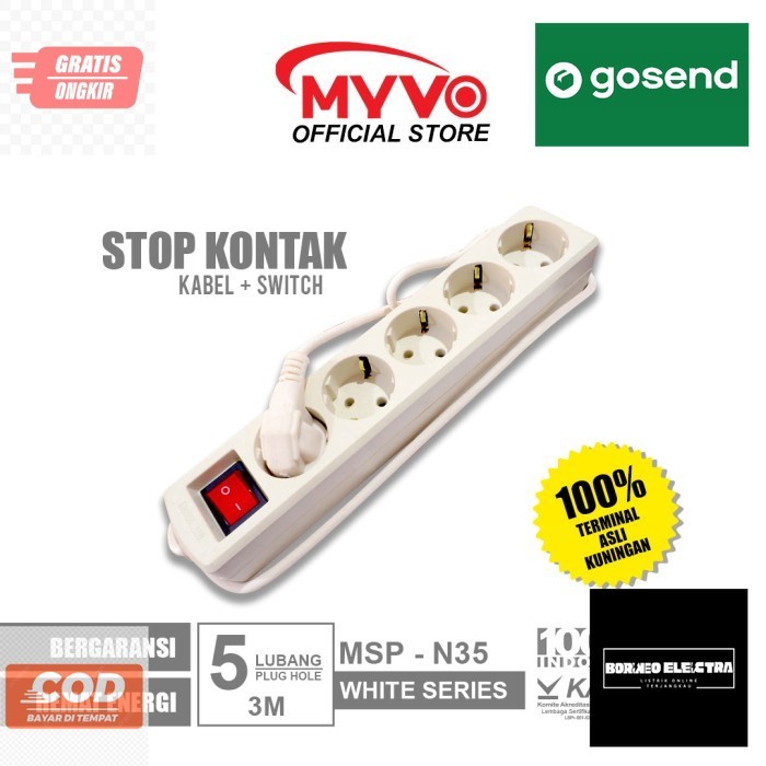 MYVO Stop Kontak 5 Lubang 3 Meter MSP-N35 Putih Asli Kuningan
