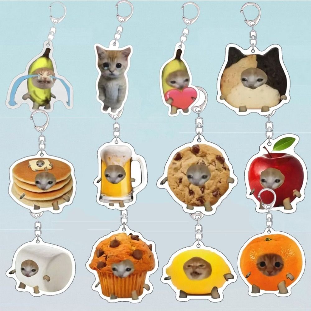 

Funny Cat Keychain Portable Kawaii Acrylic Happy Small Car Key Chains Food Cat Head Mobile Phone Chain Bag Accessories