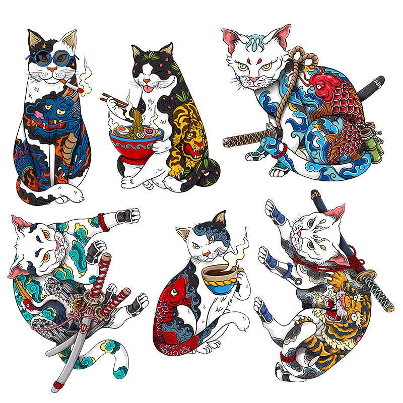 

6 types of Japanese style samurai cat hot stamping DIY pattern hoodies heat transfer printing stickers clothing decoration