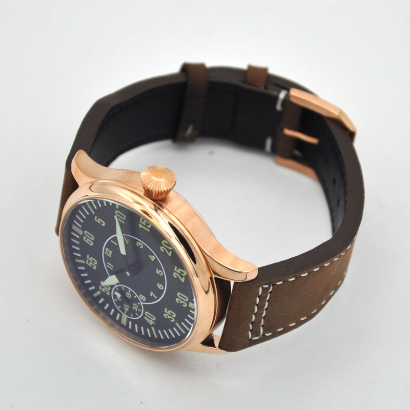 

Hands Winding Mens Watch 44mm Rosegole Case Green Luminous Dial 6497 Movement 316L SS Leather Manual Mechanical Wristwatches