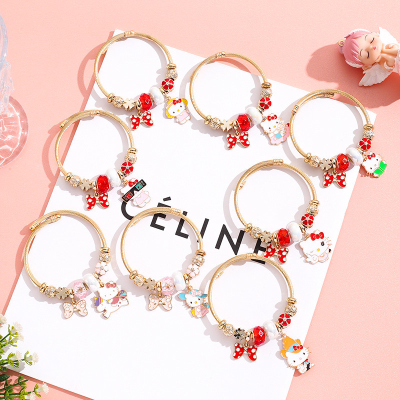 Gelang Pandora stainless steel bracelet fashion student DIY cartoon KT cat bow pendant gold bracelet