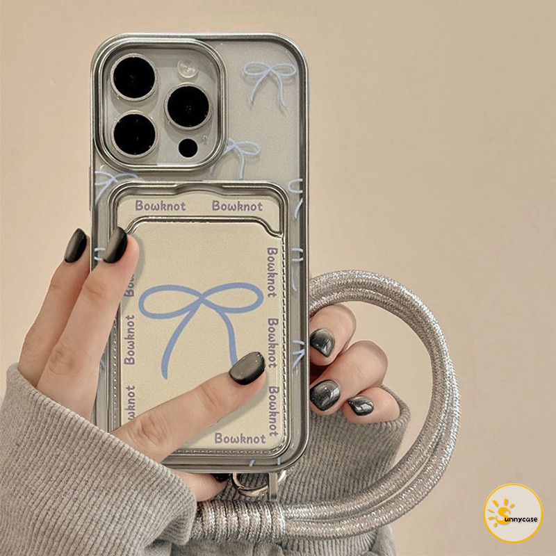 Casing Tali Gantungan Kartu Kredit Perak dengan Simpul Pita yang Lucu Kompatibel untuk iPhone 11 15 