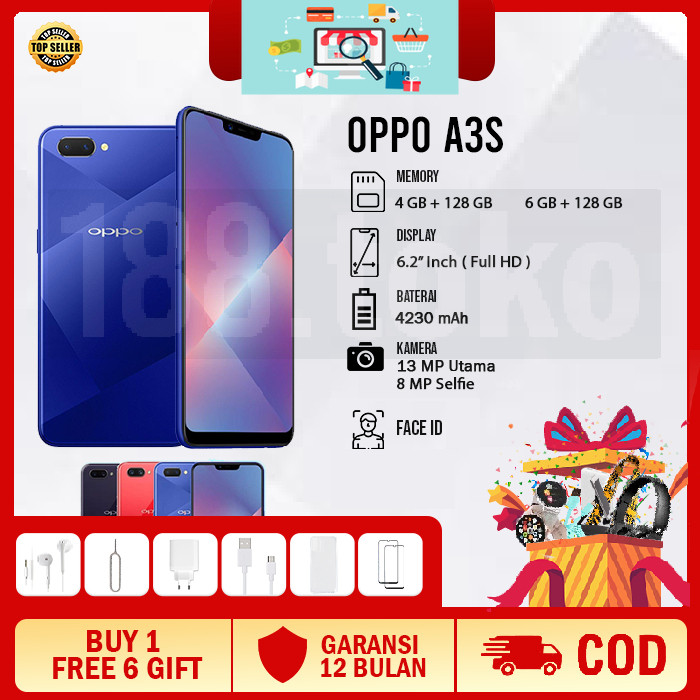 hp OPPO A3S ram 6/128GB 4G LTE Smartphone GARANSI 1 TAHUN 99% Baru