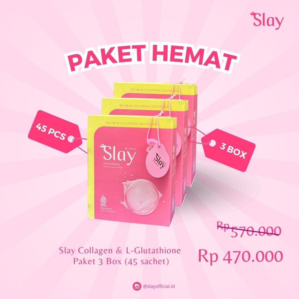 

PAKET HEMAT 3 Box ￼SLAY Collagen & L-Gluthatione minuman serbuk kolagen Glow & Beauty supplement | suplemen kecantikan