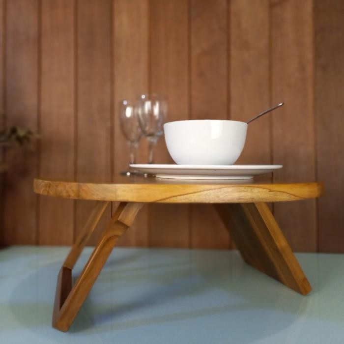 Leolle Meja Lipat laptop meja Bulat serbaguna lesehan kayu jati Diameter 48cm - JTMJLP