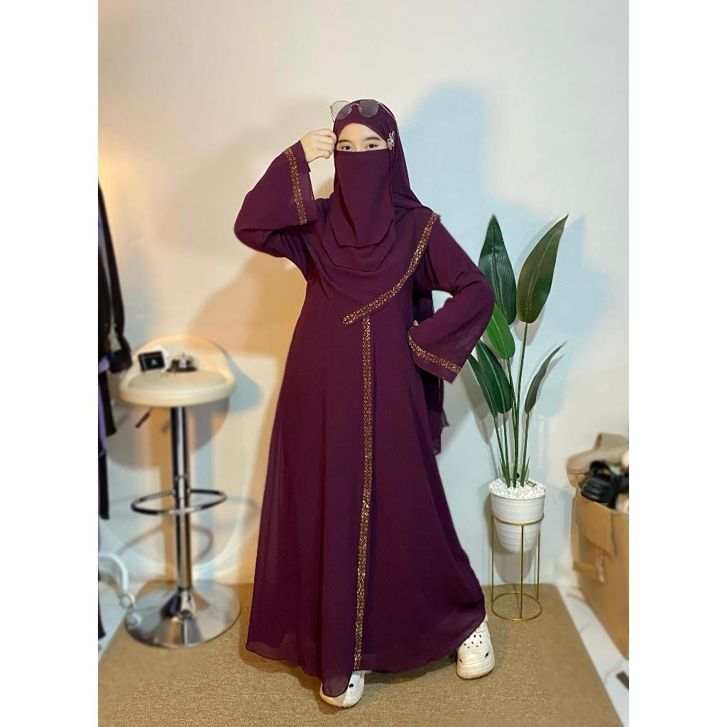 Terbaru Terbaru Abaya Dubai Set Hijab Pashmina Dan Cadar Syari Hiasan Hotfix Manik Bahan Ceruti Baby