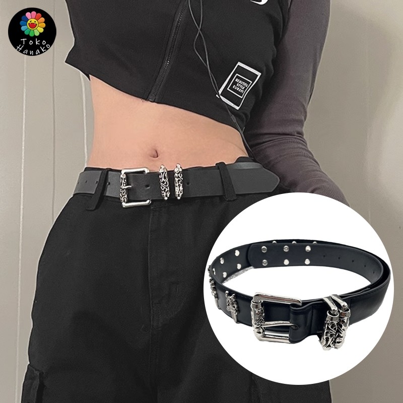 Sabuk Kulit Gothic Couple Chrome Hearts Style Desain Rivet  Lubang Unik Cocok Jeans