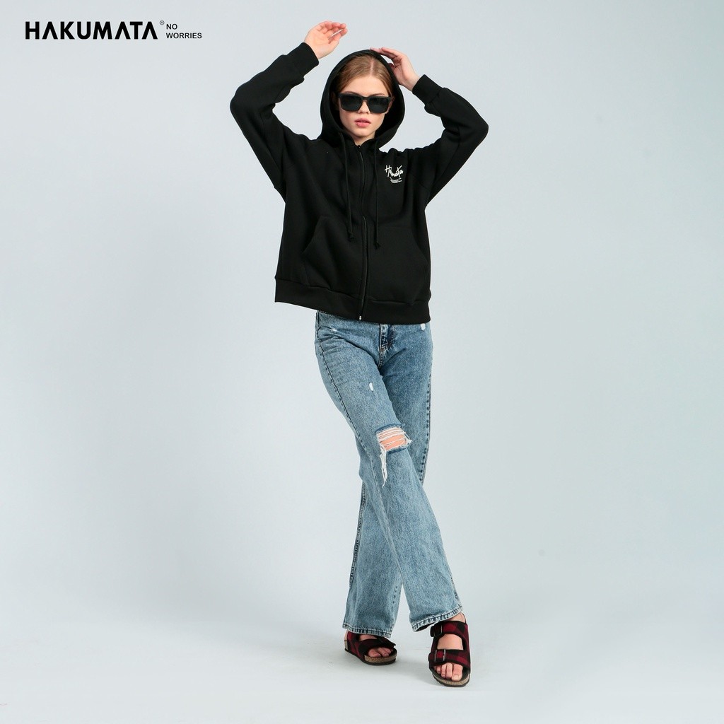 Hakumata Girl Jaket Katun Fleece Wanita Zipper Full Hoodie Rocky Hitam & Kuning