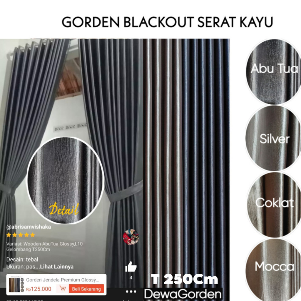 Gorden Jendela Premium Mewah Tebal Serat Kayu 6 7 8 9 10 12 Gelombang Panjang 2.5 Meter 250Cm Tinggi