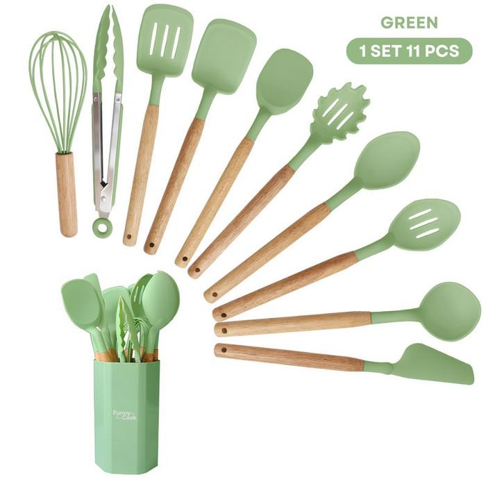 12in1 Set Utensil Spatula Silikon Premium Tebal Tahan Panas Dengan Wadah Plastik Kitchenware - GREEN