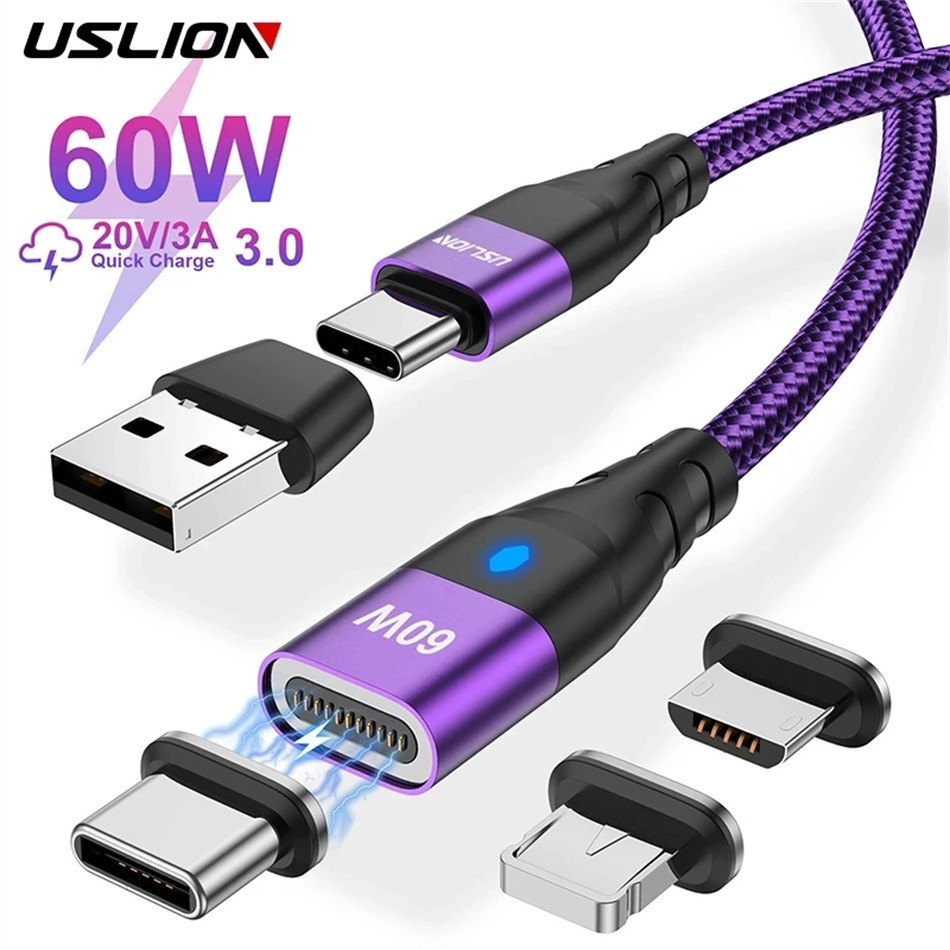 USLION 60W PD Fast  arger Cable USB C To Type C Micro Magnetic Data Cord 3A USB Cable For iPhone 13 
