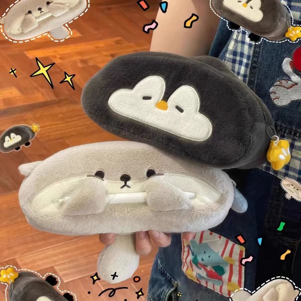 

no Pendant Large Capacity Pencil Case Cute Otter Penguin Plush Pen Bag Cute Cartoon Stationery Storage Bag