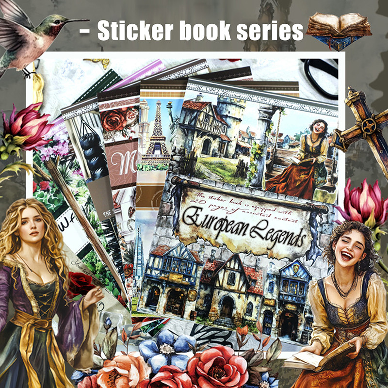 

Retro Waterproof 20Sheets Pre-Cut Broad A5 Character Sticker Book, PET Sticker Suite, Artistry Landscape Character Sticker Gift