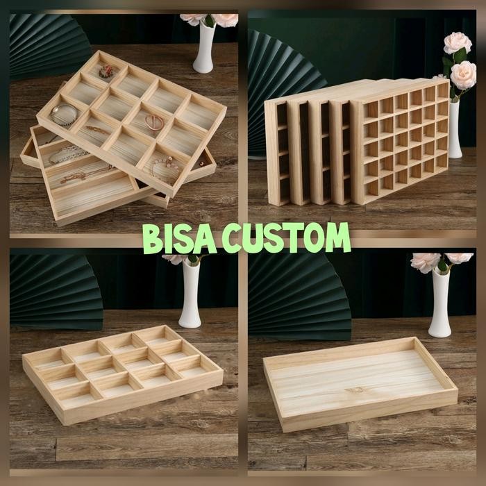 kotak kayu penyimpanan aksesoris - wooden box - nampan sekat serbaguna - 4 kotak 27x17x5