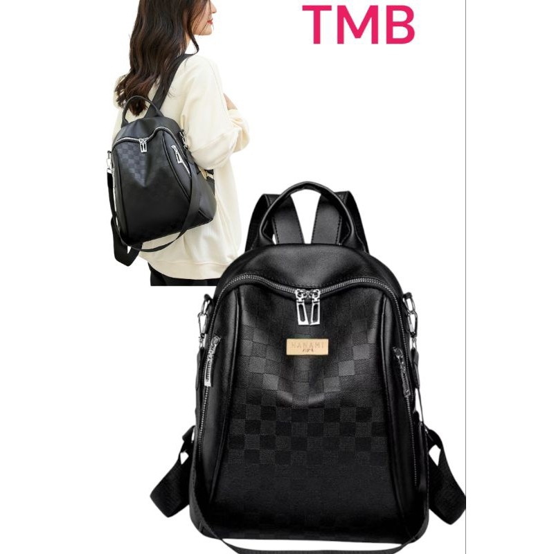 MUT_SHOP Tas Ransel Wanita Korea Kulit Hitam Catur Backpack Cewek Sekolah Kuliah Kerja Gendong