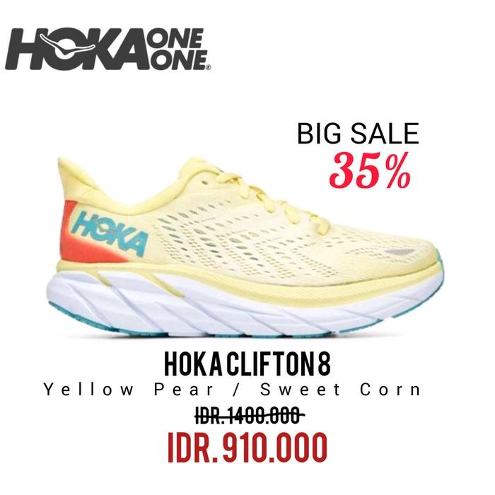 SEPATU RUNNING HOKA ONE ONE CLIFTON 8 YELLOW PEAR / SWEET CORN WOMEN 100% ORIGINAL BNIB / SEPATU SNE