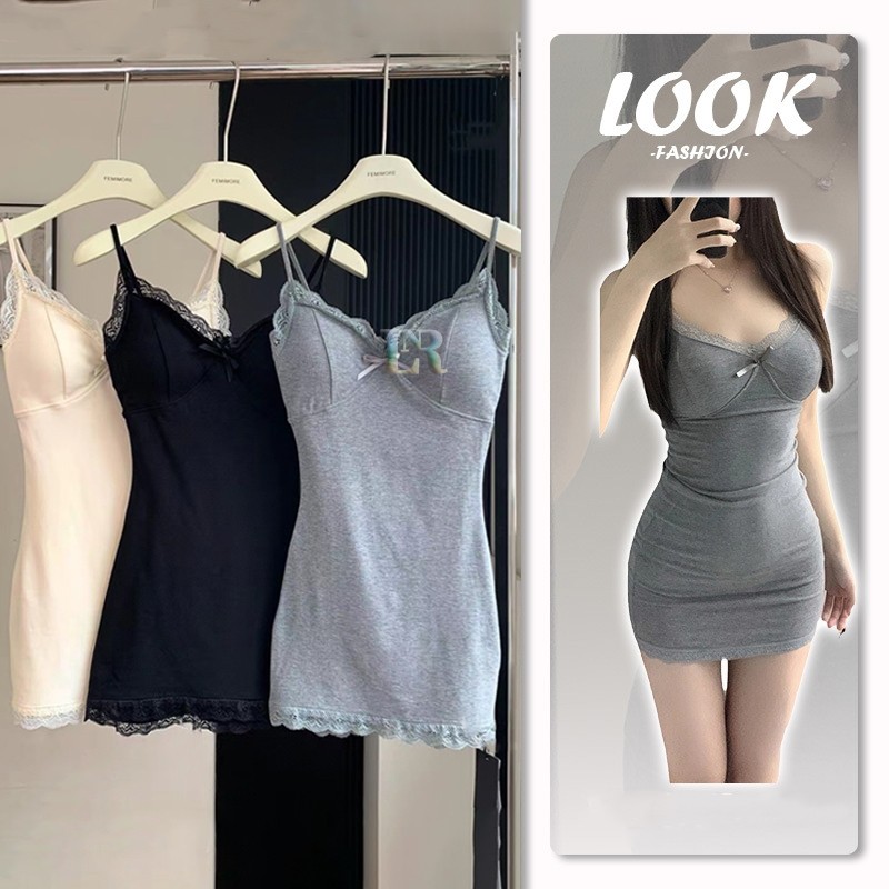 Midi Dress Dewasa dengan Pad Bra Cup Busa Ditambah Renda dan Pita Import Piyama Daster Baju Tidur Sa