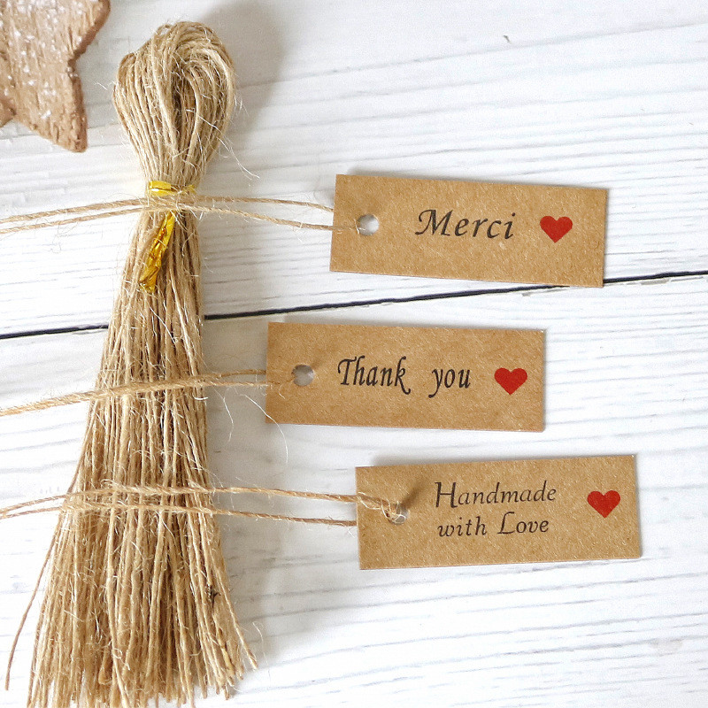 

100pcs Kraft Paper Tags Handmade with Love Thank You Merci Tags Labels Wedding Birthday Party Supplies Gift Packaging