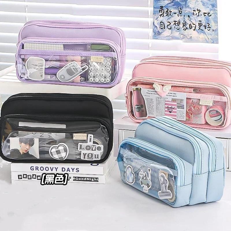 

Chic Solid Color Pencil Case Korean Simplicity Transparent Pen Pouch Large Capacity Stationery Organizer Bag School Supplies