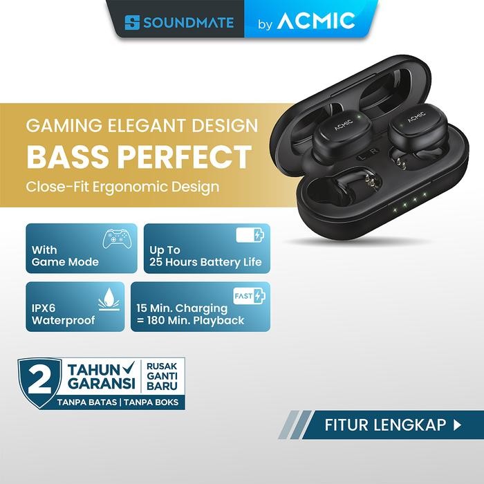 Hot Produk ACMIC ZENDIO MINI TWS Extra Bass Gaming Headset Bluetooth Earphone - Black  Terbaik dan T