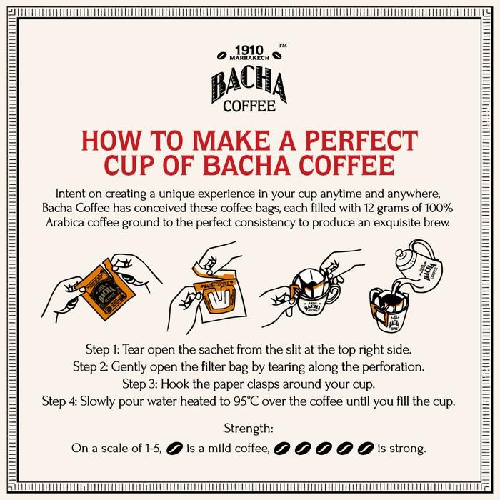 

Bacha Coffee | 1910 Fine Flavoured, 100 Arabica Beans, Medium Roast, x12 Individually Wrapped Single Serve Filter Bags