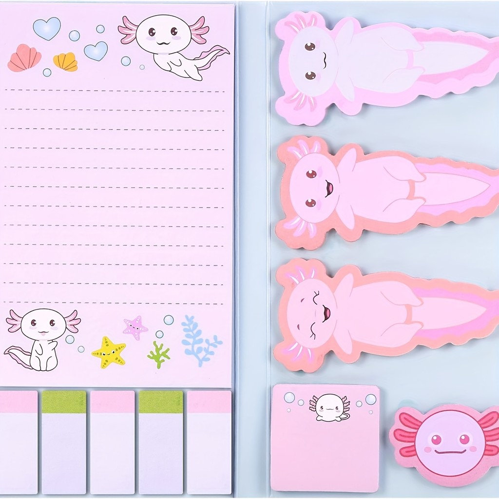 

Axolotl Sticky Notes Cute Cartoon Light Pink Memo Set Mexican Walking Fish Mermaid Beaver Capibala Sticky Notes