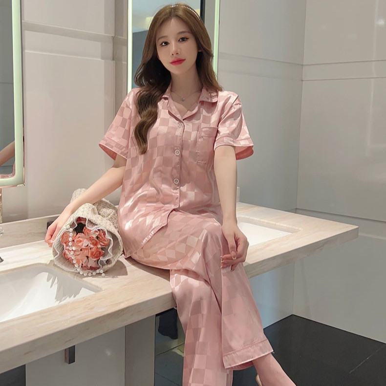 { MyReseller }  Stelan Baju Tidur Import Ice Silk Wanita Dewasa Musim Dingin Short Sleeve Kancing Ke