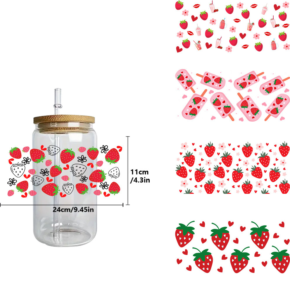 

Cute strawberry stickers peel waterproof DIY Decals 3D transfers uvdtf crystal stickers 16oz uv dtf cup wraps for Libbey Glasses