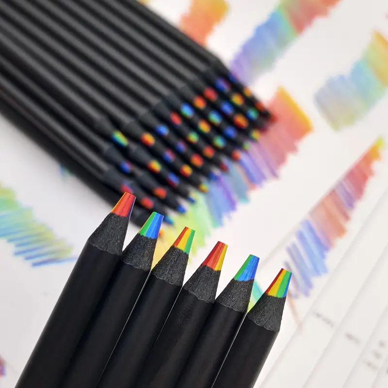 

6/12pcs 7-color kawaii black wood rainbow core colored pencil drawing tool wooden pencil art supplies stationery school supplies