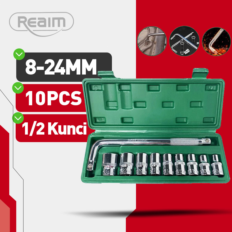 GILISHOP Reaim Kunci Shock Impact / Shock Set 10pcs Bahan Cr Mo 1/2DR 8-24mm 6Pt GaGang Sock L Dan M