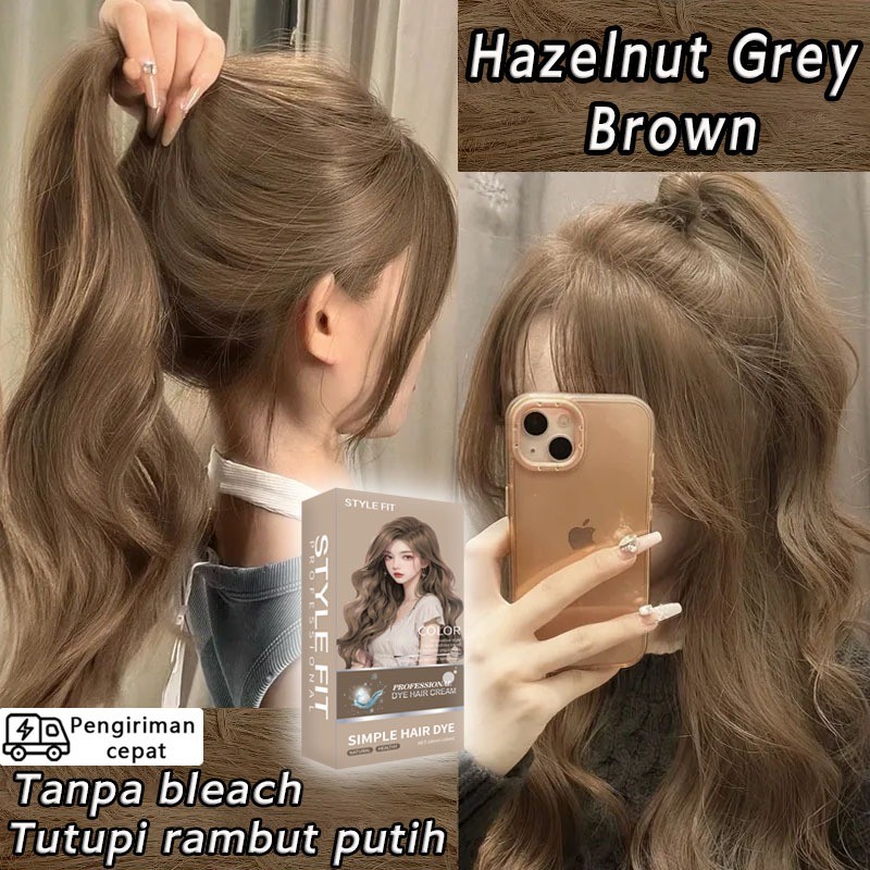 【Tidak perlu bleach】STYLE FIT cat rambut Hazelnut Grey Brown  200ml Warna tahan lama dan cerah,Warna