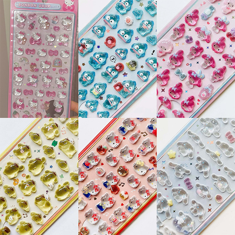 

1/2/4sheet 3D Hellokitty Cinnamoroll Melody Transparent Jelly Sticker Crystal Decorative Stickers Children's Toys