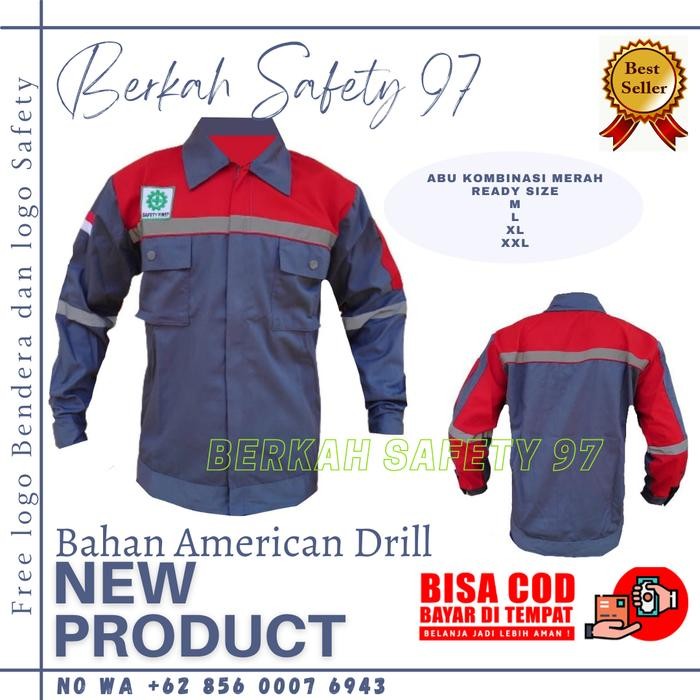 Baju kerja safety K3 werpack baju proyek kemeja kerja atasan - Abu+Merah, M