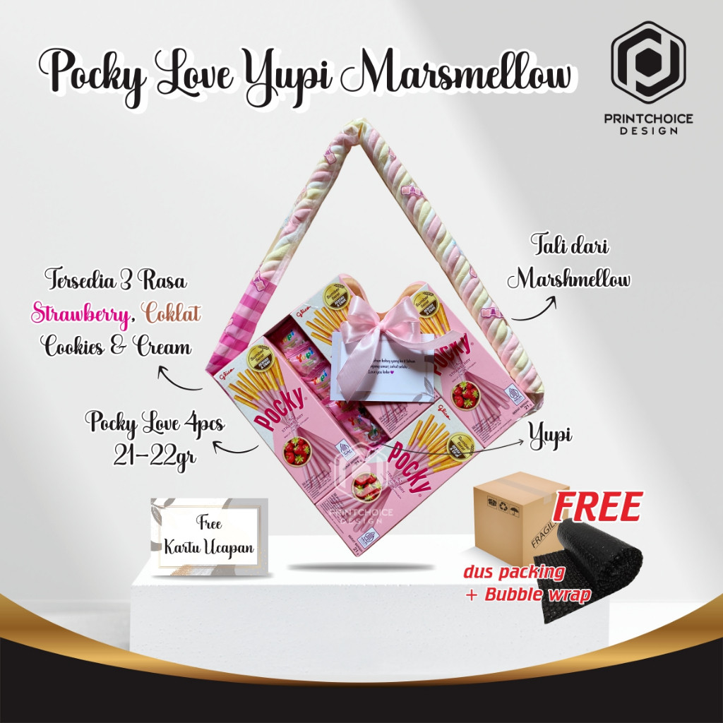 

Pocky Love 4pcs Yupi Tali Marsmellow Free kartu Ucapan Bubble Wrap Double Dus Netto 21-22 Gram