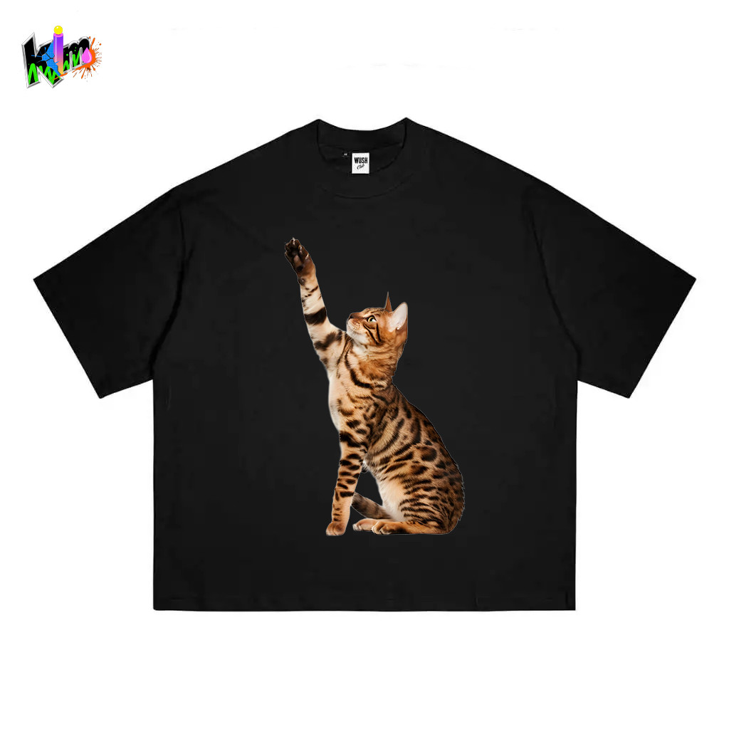 Mendominasi desain cakar kucing macan tutul Bengal hitam longgar T-shirt pakaian gaya Asia Tenggara